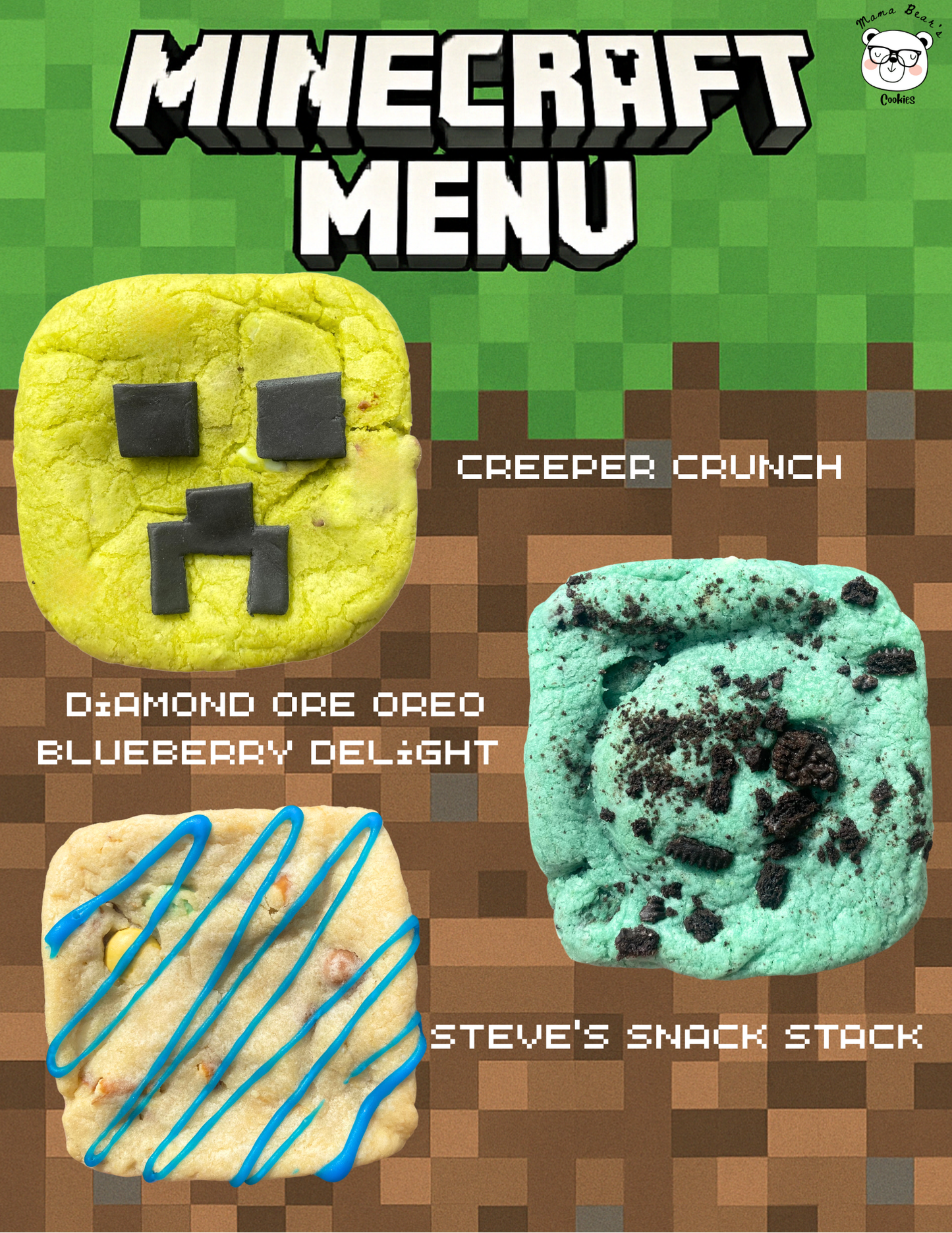 Minecraft Themed Menu- Set of 3 Stuffed Cookies